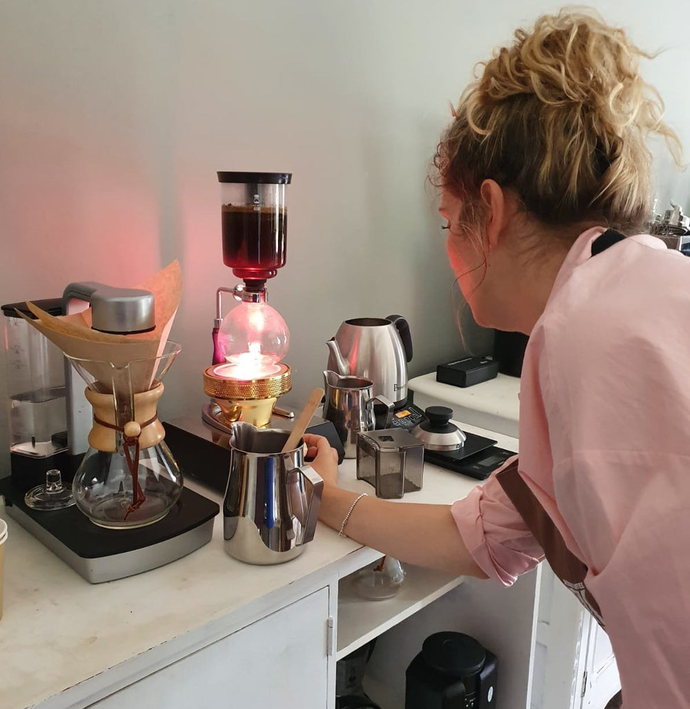 Danielle at her coffee station